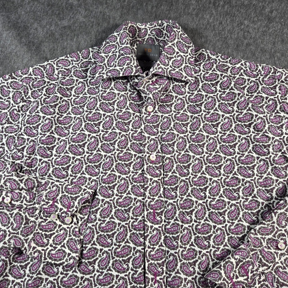 Thomas Dean TD Dress Shirt Mens Large Purple Paisley Button Front Long Sleeve